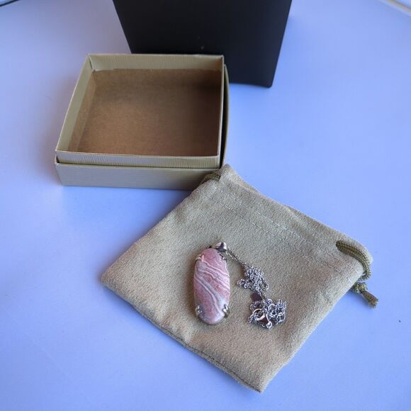 925 Sterling Silver Natural Gemstone Rhodochrosite Pendant‎ Necklace with Pouch - Picture 6 of 7